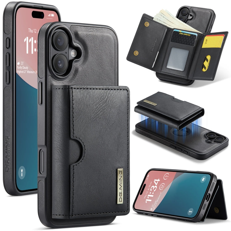 For iPhone 16 DG.MING M6 Series RFID Tri-fold Card Bag Removable Leather Phone Case(Black) - iPhone 16 Cases by DG.MING | Online Shopping South Africa | PMC Jewellery | Buy Now Pay Later Mobicred