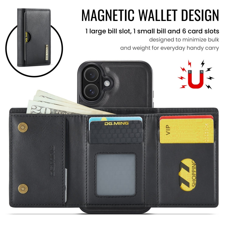 For iPhone 16 DG.MING M6 Series RFID Tri-fold Card Bag Removable Leather Phone Case(Black) - iPhone 16 Cases by DG.MING | Online Shopping South Africa | PMC Jewellery | Buy Now Pay Later Mobicred