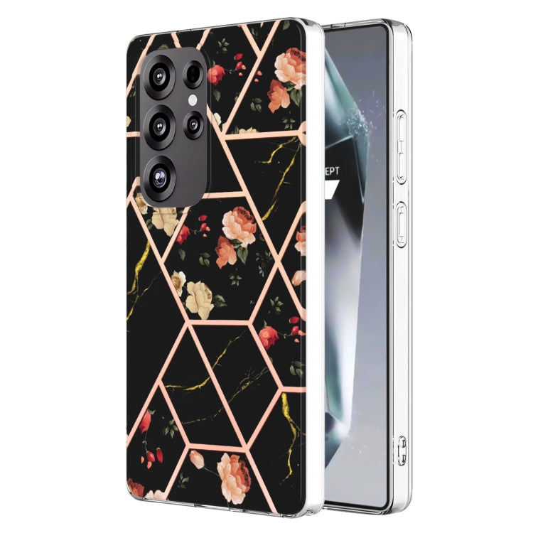For Samsung Galaxy S25 Ultra 5G Splicing Marble Flower IMD TPU Phone Case(Black Flower) - Galaxy S25 Ultra 5G Cases by PMC TechLife | Online Shopping South Africa | PMC TechLife | Buy Now Pay Later Mobicred