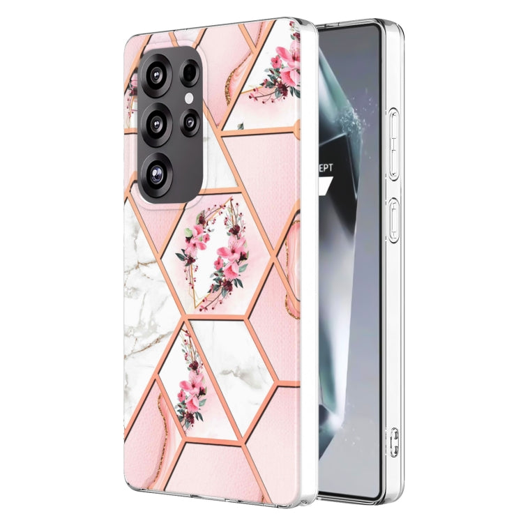 For Samsung Galaxy S25 Ultra 5G Splicing Marble Flower IMD TPU Phone Case(Pink Flower) - Galaxy S25 Ultra 5G Cases by PMC TechLife | Online Shopping South Africa | PMC TechLife | Buy Now Pay Later Mobicred