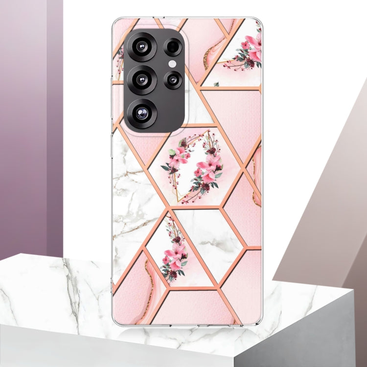 For Samsung Galaxy S25 Ultra 5G Splicing Marble Flower IMD TPU Phone Case(Pink Flower) - Galaxy S25 Ultra 5G Cases by PMC TechLife | Online Shopping South Africa | PMC TechLife | Buy Now Pay Later Mobicred