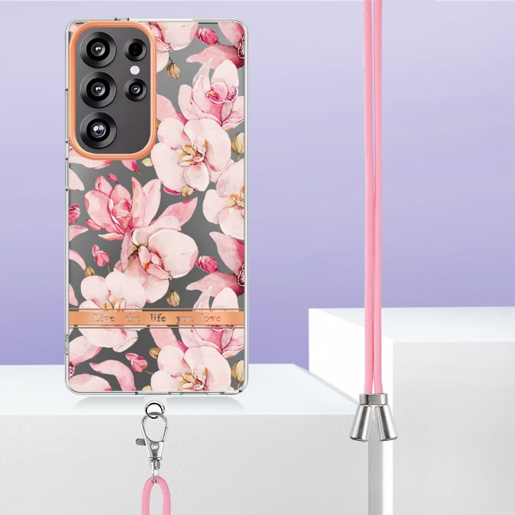 For Samsung Galaxy S25 Ultra 5G Flowers and Plants Series IMD TPU Phone Case with Lanyard(Pink Gardenia) - Galaxy S25 Ultra 5G Cases by PMC Jewellery | Online Shopping South Africa | PMC Jewellery | Buy Now Pay Later Mobicred