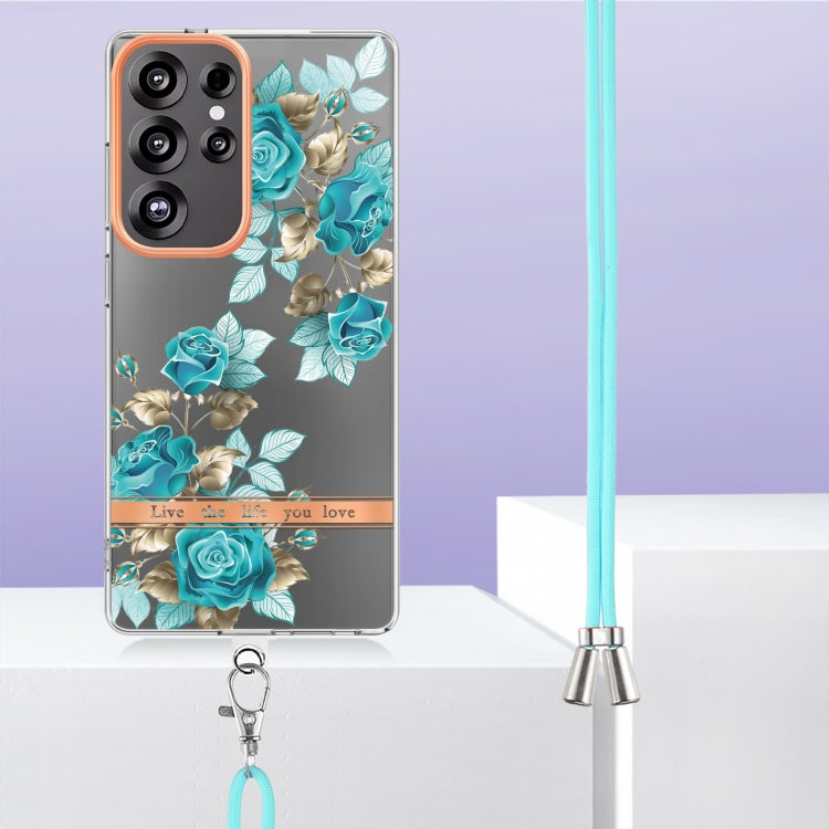 For Samsung Galaxy S25 Ultra 5G Flowers and Plants Series IMD TPU Phone Case with Lanyard(Blue Rose) - Galaxy S25 Ultra 5G Cases by PMC Jewellery | Online Shopping South Africa | PMC Jewellery | Buy Now Pay Later Mobicred