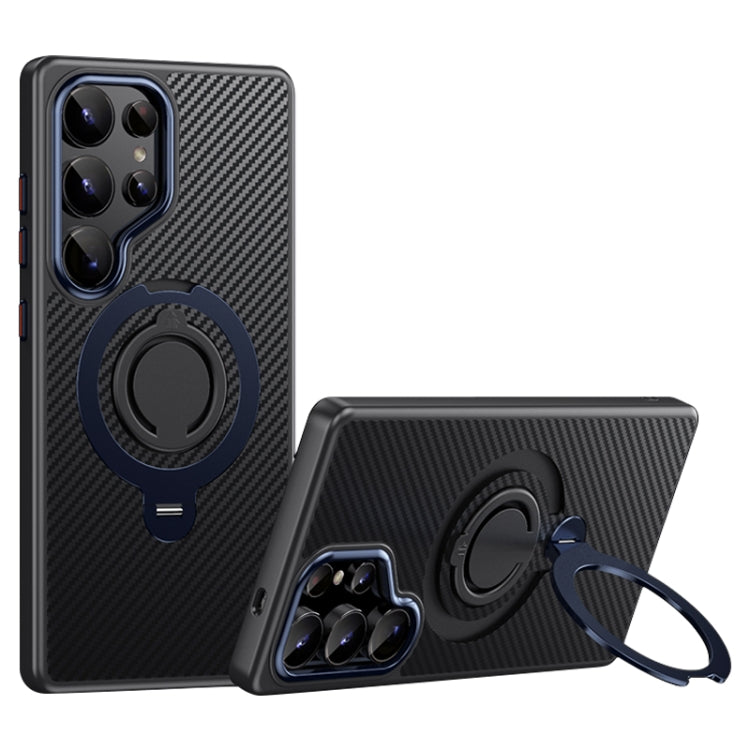 For Samsung Galaxy S25 Ultra 5G Carbon Fiber MagSafe Phone Case with 360 Degree Rotating Holder(Black Blue) - free shipping - PMC Jewellery - Order now!