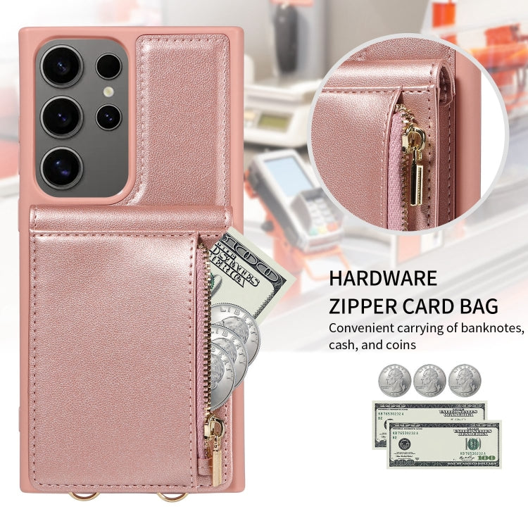 For Samsung Galaxy S25 Ultra 5G Crossbody Lanyard Zipper Wallet Leather Phone Case(Rose Gold) - Galaxy S25 Ultra 5G Cases by PMC TechLife | Online Shopping South Africa | PMC TechLife | Buy Now Pay Later Mobicred