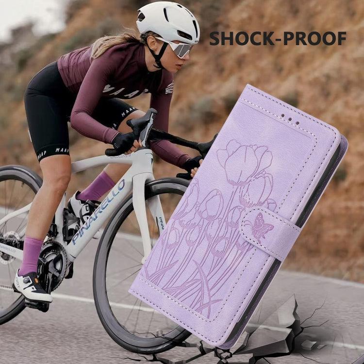 For iPhone 16e Tulips Embossed Leather Phone Case with Lanyard(Purple) - iPhone 16e Cases by PMC TechLife | Online Shopping South Africa | PMC TechLife | Buy Now Pay Later Mobicred