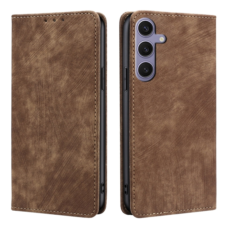 For Samsung Galaxy S25+ 5G RFID Anti-theft Brush Magnetic Leather Phone Case(Brown) - Galaxy S25+ 5G Cases by PMC TechLife | Online Shopping South Africa | PMC TechLife | Buy Now Pay Later Mobicred