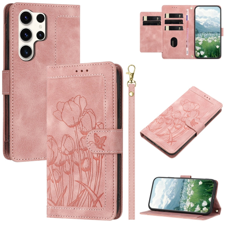 For Samsung Galaxy S25 Ultra 5G Tulips Embossed Leather Phone Case with Lanyard(Pink) - free shipping - PMC Jewellery - Order now!