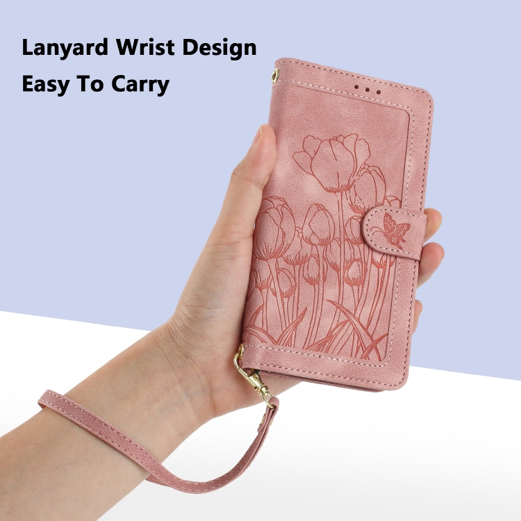 For Samsung Galaxy S25 Ultra 5G Tulips Embossed Leather Phone Case with Lanyard(Pink) - free shipping - PMC Jewellery - Order now!
