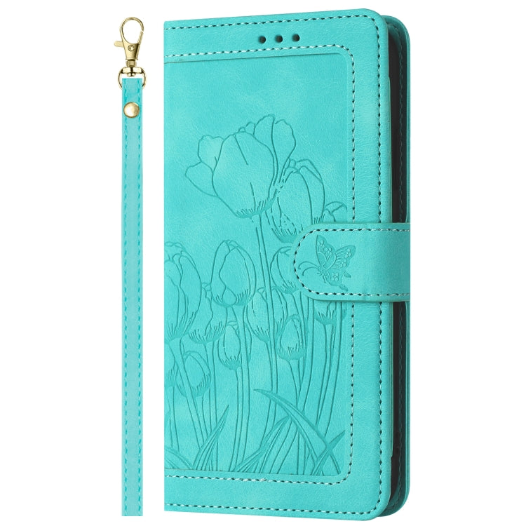 For Samsung Galaxy S25 Ultra 5G Tulips Embossed Leather Phone Case with Lanyard(Green) - Galaxy S25 Ultra 5G Cases by PMC Jewellery | Online Shopping South Africa | PMC Jewellery | Buy Now Pay Later Mobicred