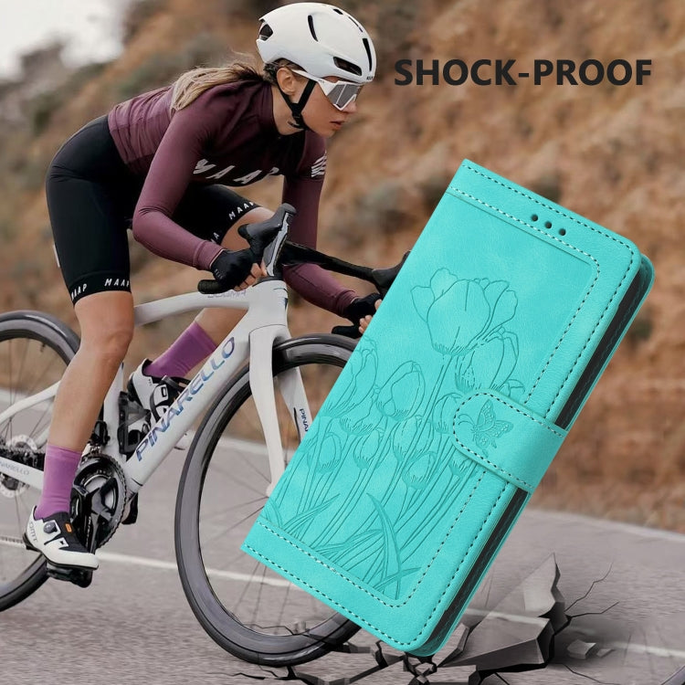 For Samsung Galaxy S25 Ultra 5G Tulips Embossed Leather Phone Case with Lanyard(Green) - Galaxy S25 Ultra 5G Cases by PMC Jewellery | Online Shopping South Africa | PMC Jewellery | Buy Now Pay Later Mobicred