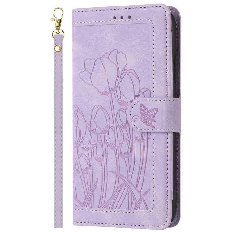 For Samsung Galaxy S25 Ultra 5G Tulips Embossed Leather Phone Case with Lanyard(Purple) - Galaxy S25 Ultra 5G Cases by PMC Jewellery | Online Shopping South Africa | PMC Jewellery | Buy Now Pay Later Mobicred