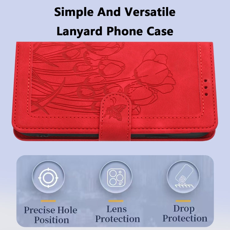 For Samsung Galaxy S25 Ultra 5G Tulips Embossed Leather Phone Case with Lanyard(Red) - Galaxy S25 Ultra 5G Cases by PMC Jewellery | Online Shopping South Africa | PMC Jewellery | Buy Now Pay Later Mobicred