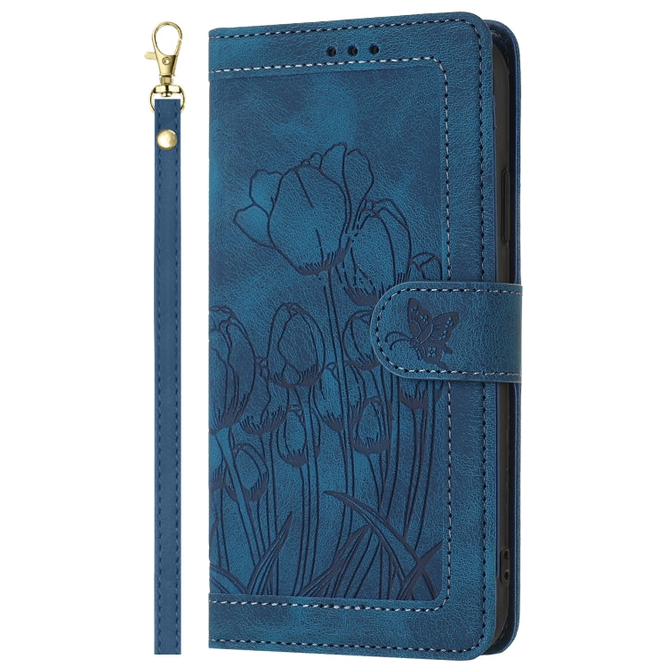 For Samsung Galaxy S25 Ultra 5G Tulips Embossed Leather Phone Case with Lanyard(Blue) - Galaxy S25 Ultra 5G Cases by PMC Jewellery | Online Shopping South Africa | PMC Jewellery | Buy Now Pay Later Mobicred