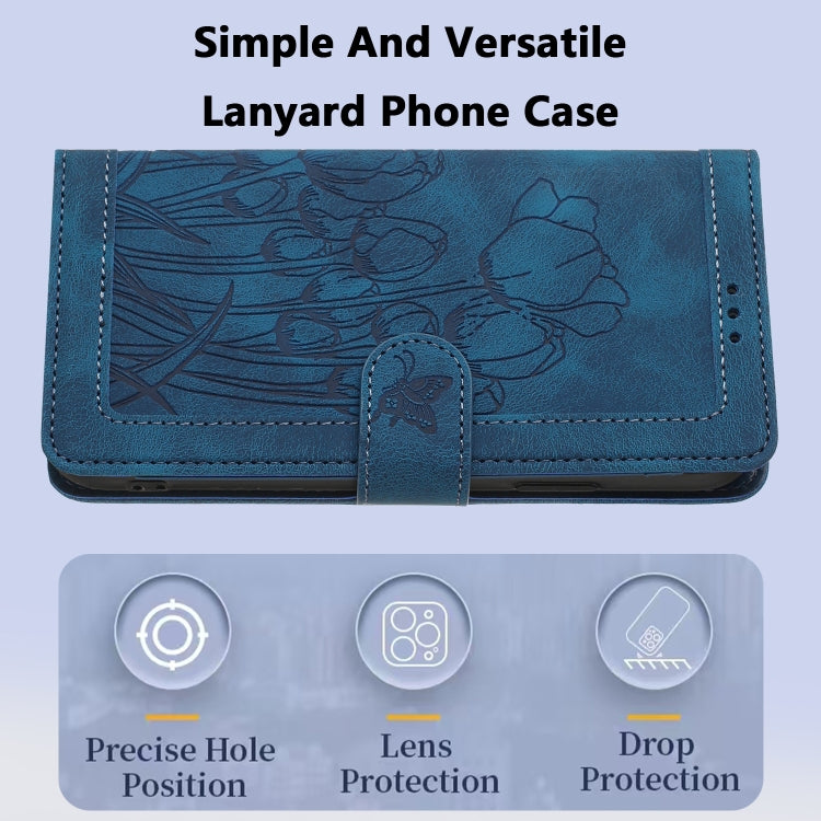 For Samsung Galaxy S25 Ultra 5G Tulips Embossed Leather Phone Case with Lanyard(Blue) - Galaxy S25 Ultra 5G Cases by PMC Jewellery | Online Shopping South Africa | PMC Jewellery | Buy Now Pay Later Mobicred
