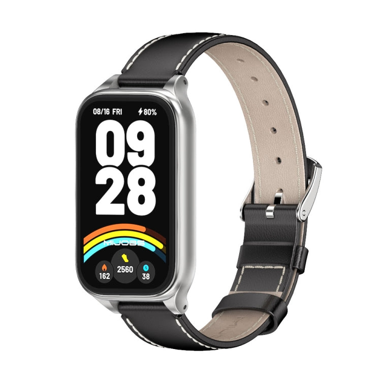For Xiaomi Smart Band 9 Active / Redmi Band 3 Mijobs Metal Shell Genuine Leather Watch Band(Black Silver) - free shipping - PMc TechLife - Order now!