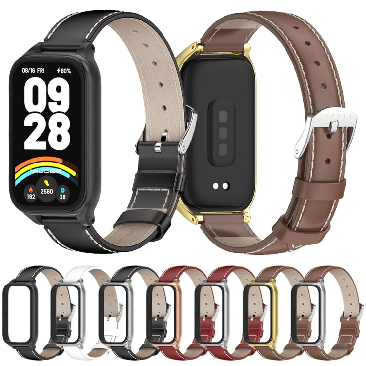 For Xiaomi Smart Band 9 Active / Redmi Band 3 Mijobs Metal Shell Genuine Leather Watch Band(Red Silver) - free shipping - PMc TechLife - Order now!