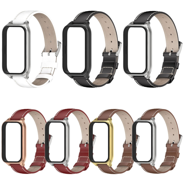 For Xiaomi Smart Band 9 Active / Redmi Band 3 Mijobs Metal Shell Genuine Leather Watch Band(Red Silver) - free shipping - PMc TechLife - Order now!