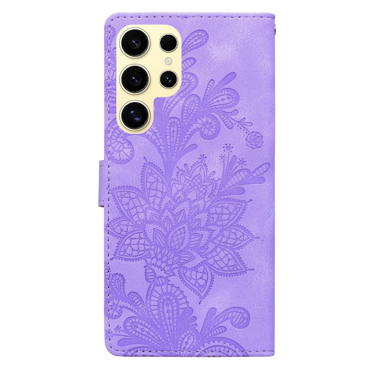 For Samsung Galaxy S25 Ultra 5G Lace Floral Embossed Magnetic Buckle PU Phone Case With Wrist Strap(Purple) - Galaxy S25 Ultra 5G Cases by PMC Jewellery | Online Shopping South Africa | PMC Jewellery | Buy Now Pay Later Mobicred