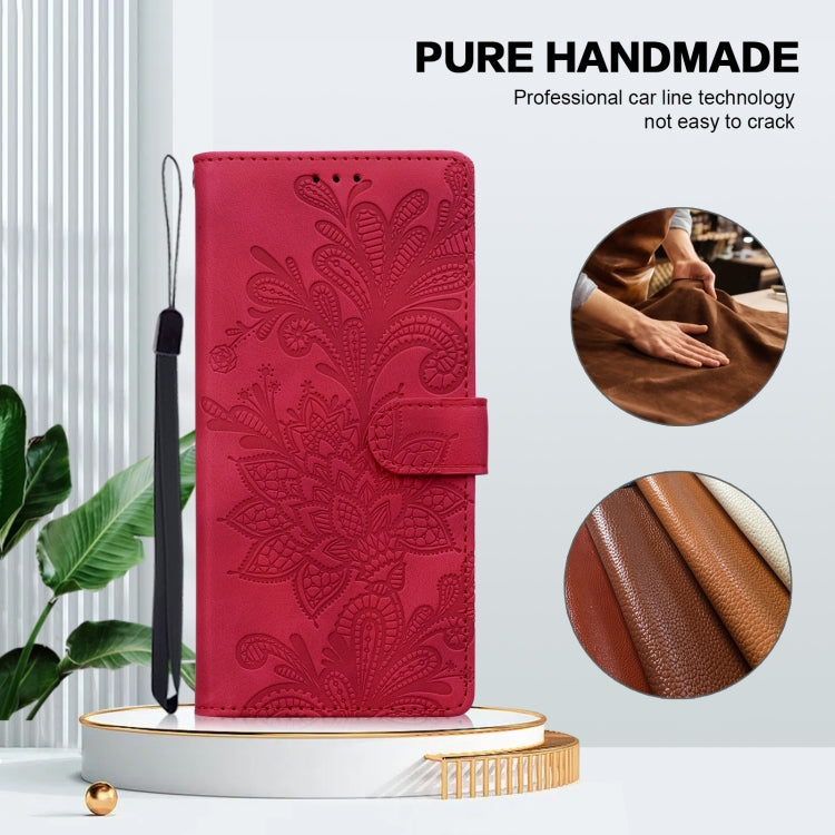 For Samsung Galaxy S25 Ultra 5G Lace Floral Embossed Magnetic Buckle PU Phone Case With Wrist Strap(Red) - Galaxy S25 Ultra 5G Cases by PMC Jewellery | Online Shopping South Africa | PMC Jewellery | Buy Now Pay Later Mobicred