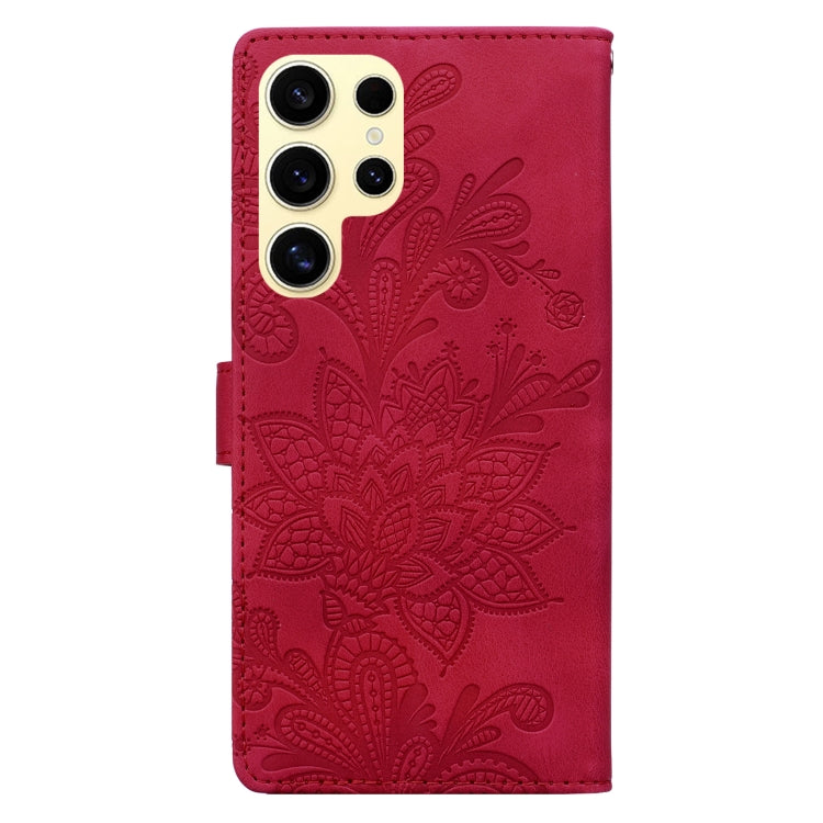 For Samsung Galaxy S25 Ultra 5G Lace Floral Embossed Magnetic Buckle PU Phone Case With Wrist Strap(Red) - Galaxy S25 Ultra 5G Cases by PMC Jewellery | Online Shopping South Africa | PMC Jewellery | Buy Now Pay Later Mobicred