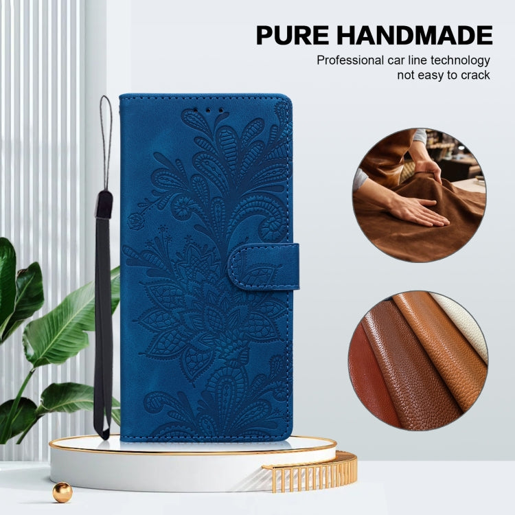 For Samsung Galaxy S25 Ultra 5G Lace Floral Embossed Magnetic Buckle PU Phone Case With Wrist Strap(Blue) - Galaxy S25 Ultra 5G Cases by PMC Jewellery | Online Shopping South Africa | PMC Jewellery | Buy Now Pay Later Mobicred