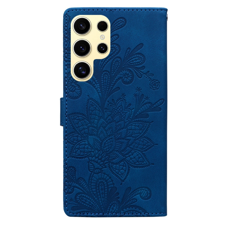 For Samsung Galaxy S25 Ultra 5G Lace Floral Embossed Magnetic Buckle PU Phone Case With Wrist Strap(Blue) - Galaxy S25 Ultra 5G Cases by PMC Jewellery | Online Shopping South Africa | PMC Jewellery | Buy Now Pay Later Mobicred