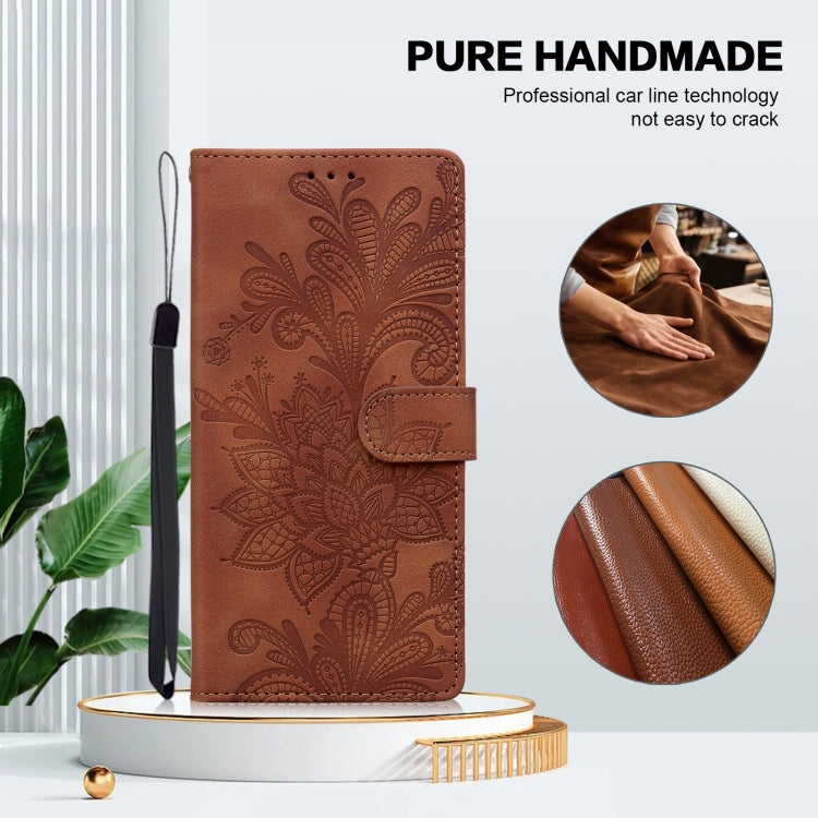For Samsung Galaxy S25 Ultra 5G Lace Floral Embossed Magnetic Buckle PU Phone Case With Wrist Strap(Brown) - Galaxy S25 Ultra 5G Cases by PMC Jewellery | Online Shopping South Africa | PMC Jewellery | Buy Now Pay Later Mobicred