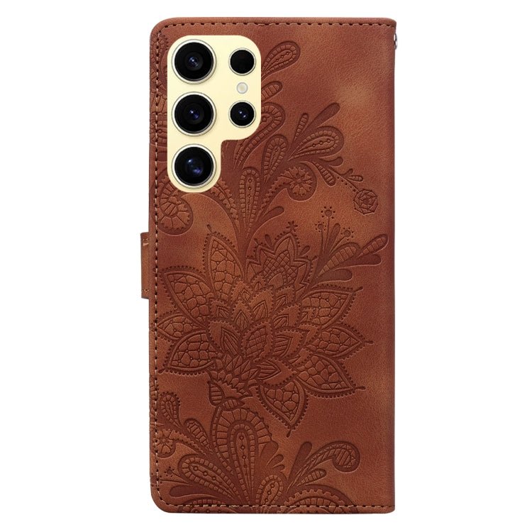 For Samsung Galaxy S25 Ultra 5G Lace Floral Embossed Magnetic Buckle PU Phone Case With Wrist Strap(Brown) - Galaxy S25 Ultra 5G Cases by PMC Jewellery | Online Shopping South Africa | PMC Jewellery | Buy Now Pay Later Mobicred