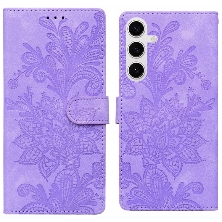 For Samsung Galaxy S25+ 5G Lace Floral Embossed Magnetic Buckle PU Phone Case With Wrist Strap(Purple) - Galaxy S25+ 5G Cases by PMC Jewellery | Online Shopping South Africa | PMC Jewellery | Buy Now Pay Later Mobicred