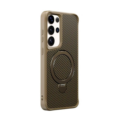 For Samsung Galaxy S25 Ultra 5G Carbon Fiber Texture 360 MagSafe Holder Phone Case(Desert Gold) - Galaxy S25 Ultra 5G Cases by PMC Jewellery | Online Shopping South Africa | PMC Jewellery | Buy Now Pay Later Mobicred