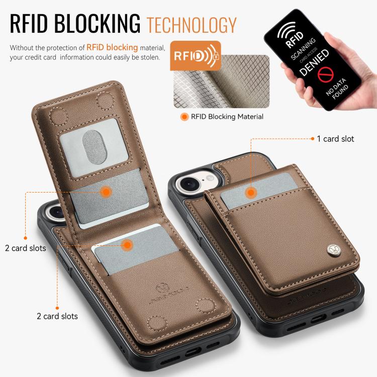 For iPhone 16e JEEHOOD J06 British Style RFID MagSafe Card Bag PU Phone Case(Brown) - free shipping - PMc TechLife - Order now!