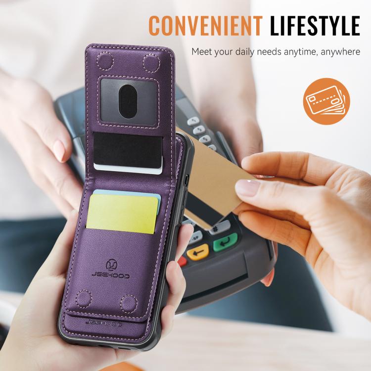 For iPhone 16e JEEHOOD J06 British Style RFID MagSafe Card Bag PU Phone Case(Brown) - free shipping - PMc TechLife - Order now!