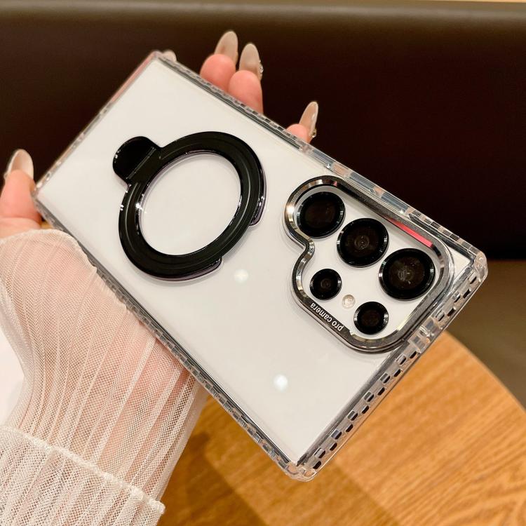 For Samsung Galaxy S25 Ultra 5G Transparent MagSafe Holder Phone Case with Lens Film(Black) - Galaxy S25 Ultra 5G Cases by PMC Jewellery | Online Shopping South Africa | PMC Jewellery | Buy Now Pay Later Mobicred