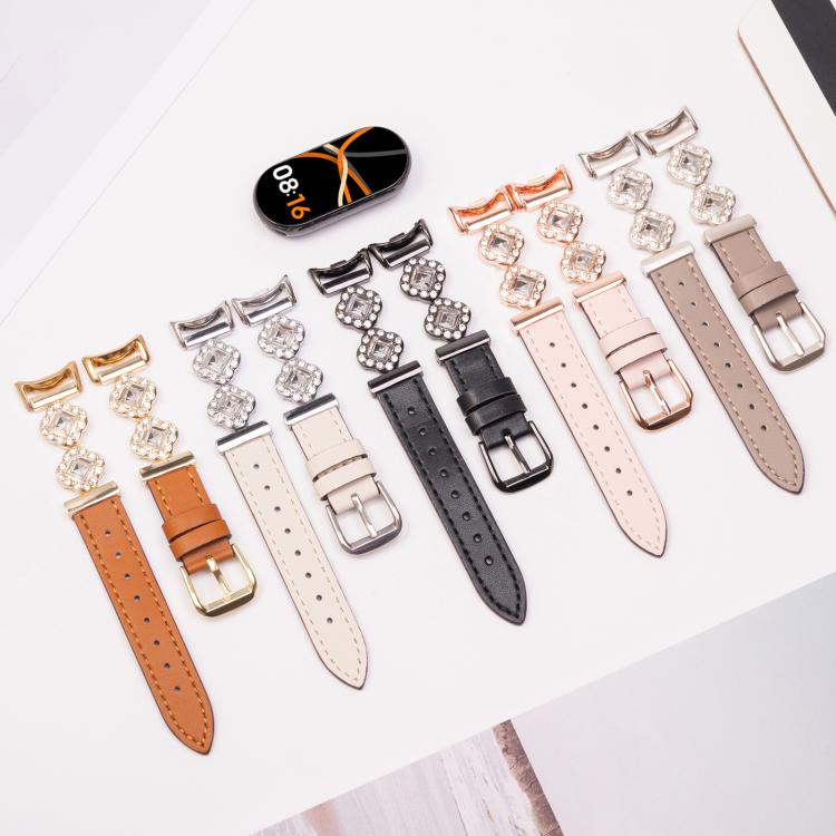For Xiaomi Smart Band 9 / 8 Metal Diamond Leather Bracelet Watch Band(Black) - Watch Bands by PMc TechLife | Online Shopping South Africa | PMc TechLife | Buy Now Pay Later Mobicred