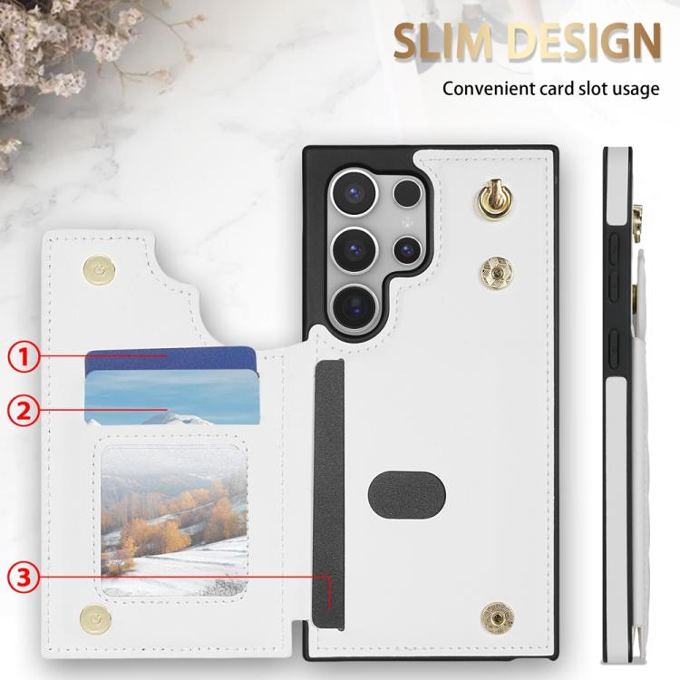 For Samsung Galaxy S25 Ultra 5G Rhombic Dual Buckle Card Slots Phone Case with Lanyard(White) - Galaxy S25 Ultra 5G Cases by PMC Jewellery | Online Shopping South Africa | PMC Jewellery | Buy Now Pay Later Mobicred