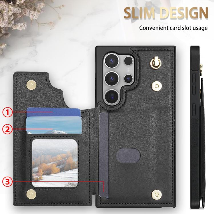 For Samsung Galaxy S25 Ultra 5G Rhombic Dual Buckle Card Slots Phone Case with Lanyard(Black) - Galaxy S25 Ultra 5G Cases by PMC Jewellery | Online Shopping South Africa | PMC Jewellery | Buy Now Pay Later Mobicred