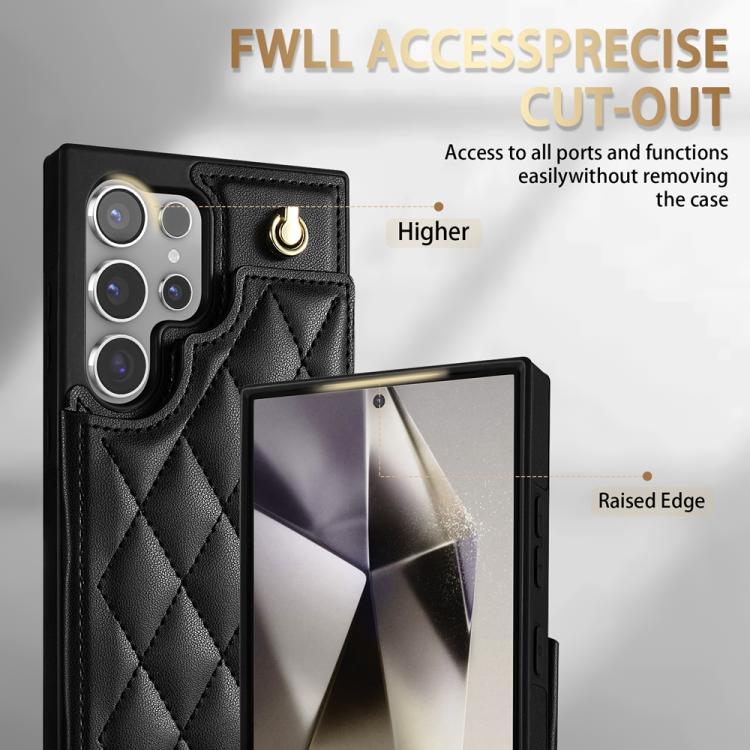 For Samsung Galaxy S25 Ultra 5G Rhombic Dual Buckle Card Slots Phone Case with Lanyard(Black) - Galaxy S25 Ultra 5G Cases by PMC Jewellery | Online Shopping South Africa | PMC Jewellery | Buy Now Pay Later Mobicred