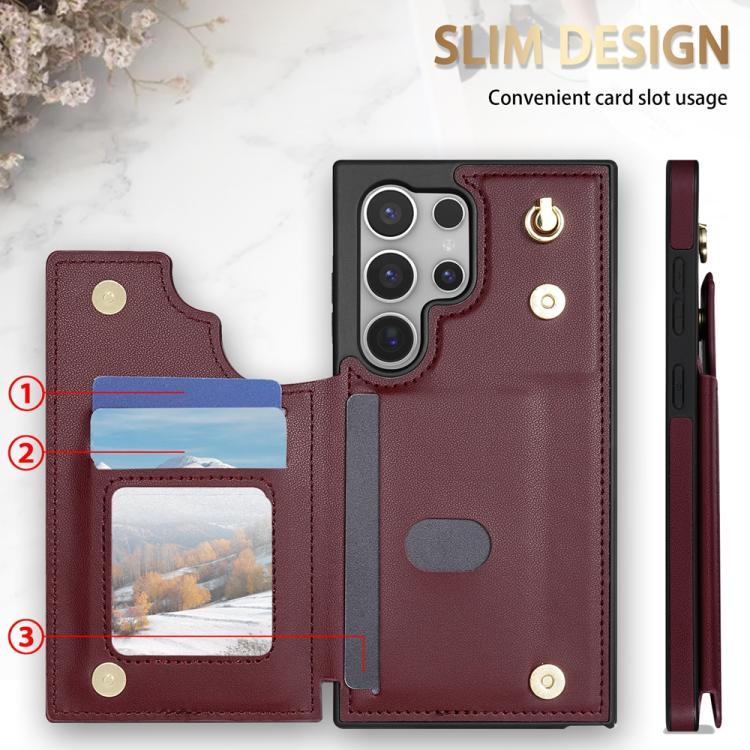 For Samsung Galaxy S25 Ultra 5G Rhombic Dual Buckle Card Slots Phone Case with Lanyard(Wine Red) - Galaxy S25 Ultra 5G Cases by PMC Jewellery | Online Shopping South Africa | PMC Jewellery | Buy Now Pay Later Mobicred