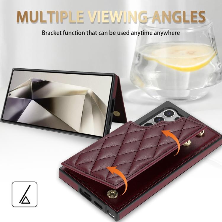 For Samsung Galaxy S25 Ultra 5G Rhombic Dual Buckle Card Slots Phone Case with Lanyard(Wine Red) - Galaxy S25 Ultra 5G Cases by PMC Jewellery | Online Shopping South Africa | PMC Jewellery | Buy Now Pay Later Mobicred