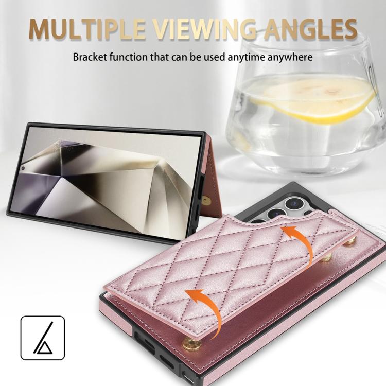 For Samsung Galaxy S25 Ultra 5G Rhombic Dual Buckle Card Slots Phone Case with Lanyard(Rose Gold) - Galaxy S25 Ultra 5G Cases by PMC Jewellery | Online Shopping South Africa | PMC Jewellery | Buy Now Pay Later Mobicred