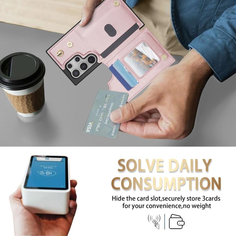 For Samsung Galaxy S25 Ultra 5G Rhombic Dual Buckle Card Slots Phone Case with Lanyard(Rose Gold) - Galaxy S25 Ultra 5G Cases by PMC Jewellery | Online Shopping South Africa | PMC Jewellery | Buy Now Pay Later Mobicred