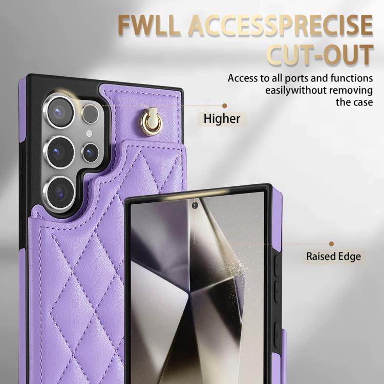 For Samsung Galaxy S25 Ultra 5G Rhombic Dual Buckle Card Slots Phone Case with Lanyard(Purple) - Galaxy S25 Ultra 5G Cases by PMC Jewellery | Online Shopping South Africa | PMC Jewellery | Buy Now Pay Later Mobicred