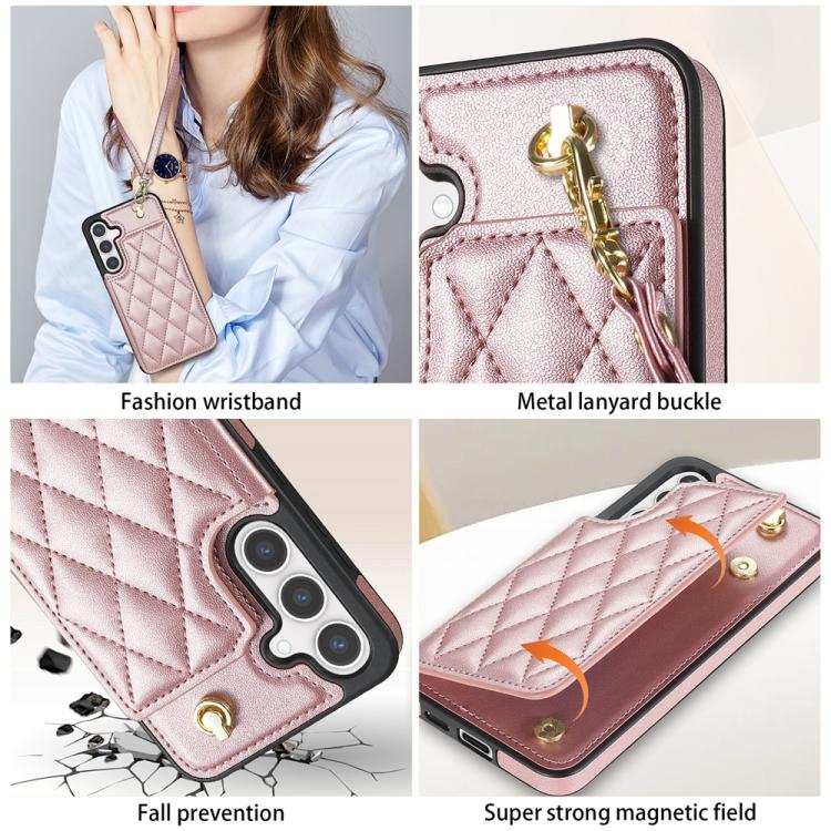 For Samsung Galaxy S25+ 5G Rhombic Dual Buckle Card Slots Phone Case with Lanyard(Rose Gold) - Galaxy S25+ 5G Cases by PMC Jewellery | Online Shopping South Africa | PMC Jewellery | Buy Now Pay Later Mobicred