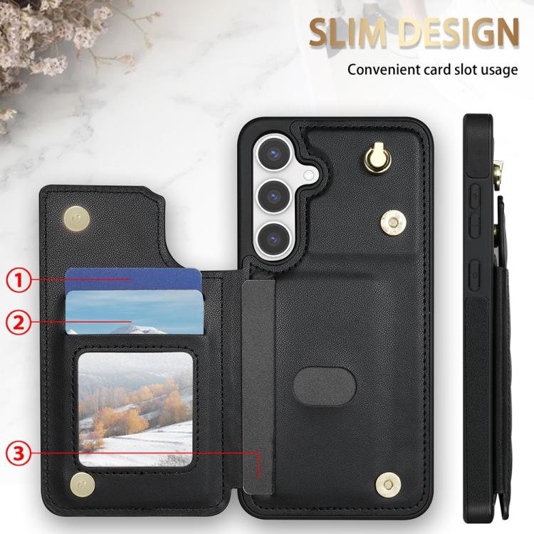 For Samsung Galaxy S25 5G Rhombic Dual Buckle Card Slots Phone Case with Lanyard(Black) - Galaxy S25 5G Cases by PMC TechLife | Online Shopping South Africa | PMC TechLife | Buy Now Pay Later Mobicred