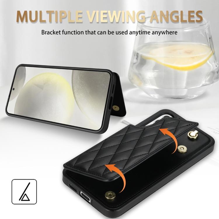 For Samsung Galaxy S25 5G Rhombic Dual Buckle Card Slots Phone Case with Lanyard(Black) - Galaxy S25 5G Cases by PMC TechLife | Online Shopping South Africa | PMC TechLife | Buy Now Pay Later Mobicred