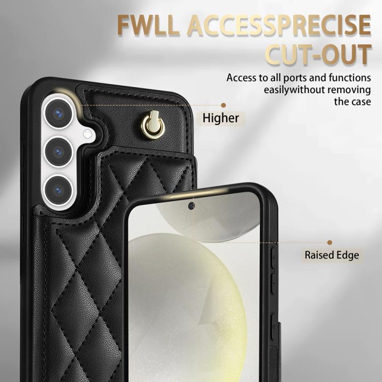 For Samsung Galaxy S25 5G Rhombic Dual Buckle Card Slots Phone Case with Lanyard(Black) - Galaxy S25 5G Cases by PMC TechLife | Online Shopping South Africa | PMC TechLife | Buy Now Pay Later Mobicred
