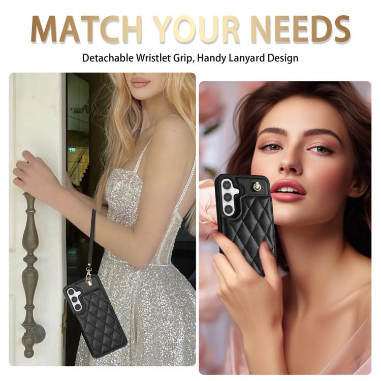 For Samsung Galaxy S25 5G Rhombic Dual Buckle Card Slots Phone Case with Lanyard(Black) - Galaxy S25 5G Cases by PMC TechLife | Online Shopping South Africa | PMC TechLife | Buy Now Pay Later Mobicred