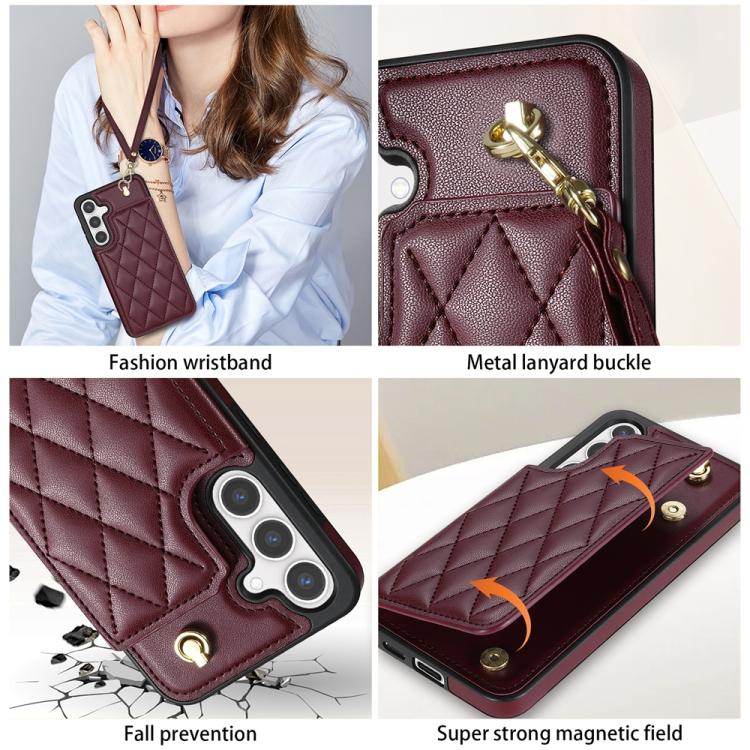 For Samsung Galaxy S25 5G Rhombic Dual Buckle Card Slots Phone Case with Lanyard(Wine Red) - Galaxy S25 5G Cases by PMC Jewellery | Online Shopping South Africa | PMC Jewellery | Buy Now Pay Later Mobicred