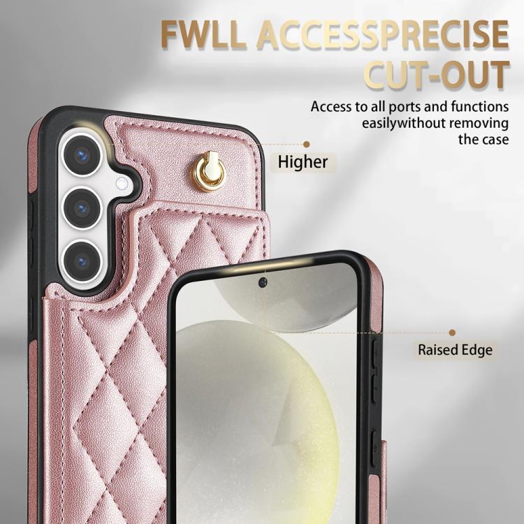 For Samsung Galaxy S25 5G Rhombic Dual Buckle Card Slots Phone Case with Lanyard(Rose Gold) - Galaxy S25 5G Cases by PMC Jewellery | Online Shopping South Africa | PMC Jewellery | Buy Now Pay Later Mobicred